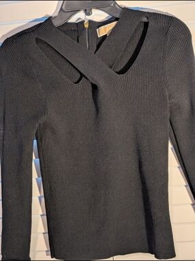Michael Kors Black Ribbed Crossover V-Neck Sweater